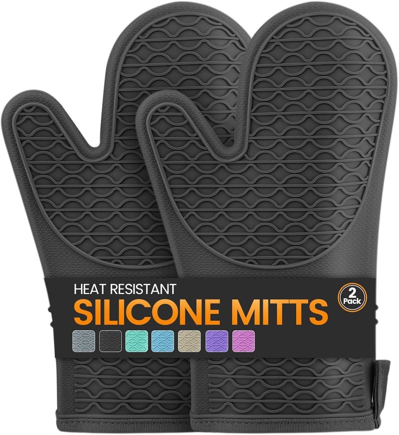 HSEEC Silicone Oven Mitts, Heat Resistant 2PCS Oven Mitts with Soft Cotton Lining, Waterproof Non-Slip Grip Oven Glove, Kitchen Potholder Mits for BBQ, Baking, Cooking, 12.5 Inch - Black - Image 1